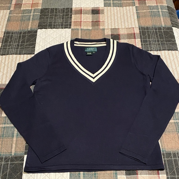 Ralph Lauren Sweaters - Vintage Lauren Ralph Lauren V-Neck Navy White Long Sleeve Women’s Sweater Silk S
